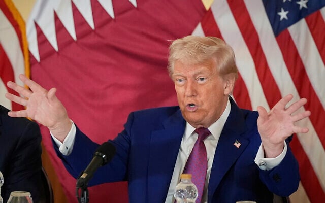 US President Donald Trump during a business roundtable, in Doha, Qatar,  May 15, 2025. (Alex Brandon/AP)