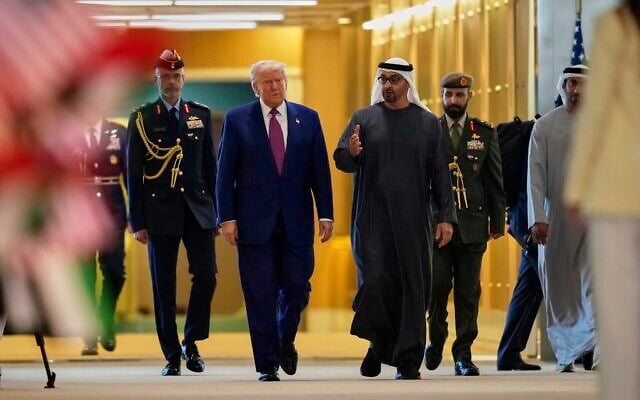 United Arab Emirates President Sheikh Mohammed bin Zayed Al Nahyan greets US President Donald Trump at Abu Dhabi International Airport on May 15, 2025. (AP Photo/Altaf Qadri5