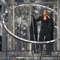 Yuval Raphael from Israel performs 'New Day Will Rise' at the second semifinal of the 69th Eurovision Song Contest, in Basel, Switzerland, May 15, 2025. (AP/Martin Meissner)