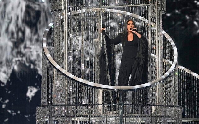 Yuval Raphael from Israel performs 'New Day Will Rise' at the second semifinal of the 69th Eurovision Song Contest, in Basel, Switzerland, May 15, 2025. (AP/Martin Meissner)