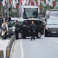 Vehicles begin arriving outside a gate prior to expected talks between Russian and Ukrainian delegations at the Dolmabache palace, in Istanbul, Turkey, May 16, 2025. (AP/Dilara Acikgoz)