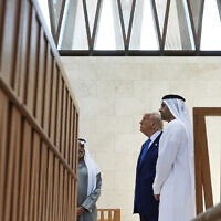 US President Donald Trump tours the Moses Ben Maimon Synagogue at the Abrahamic Family House, May 16, 2025, in Abu Dhabi, United Arab Emirates. (AP Photo/Alex Brandon)