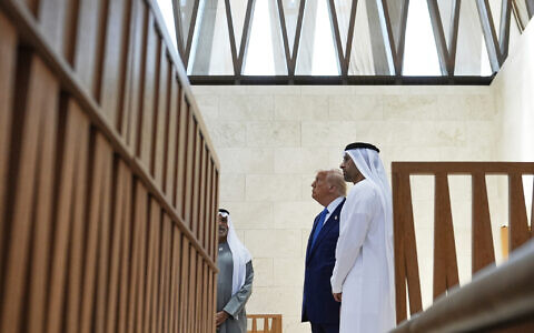 US President Donald Trump tours the Moses Ben Maimon Synagogue at the Abrahamic Family House, May 16, 2025, in Abu Dhabi, United Arab Emirates. (AP Photo/Alex Brandon)
