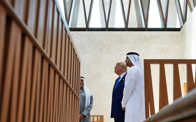 US President Donald Trump tours the Moses Ben Maimon Synagogue at the Abrahamic Family House, May 16, 2025, in Abu Dhabi, United Arab Emirates. (AP Photo/Alex Brandon)