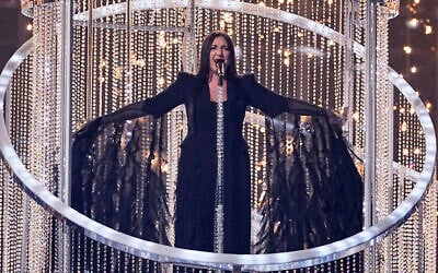 Yuval Raphael from Israel performs the song 'New Day Will Rise' during the Grand Final of the 69th Eurovision Song Contest, in Basel, Switzerland, May 17, 2025. (AP/Martin Meissner)