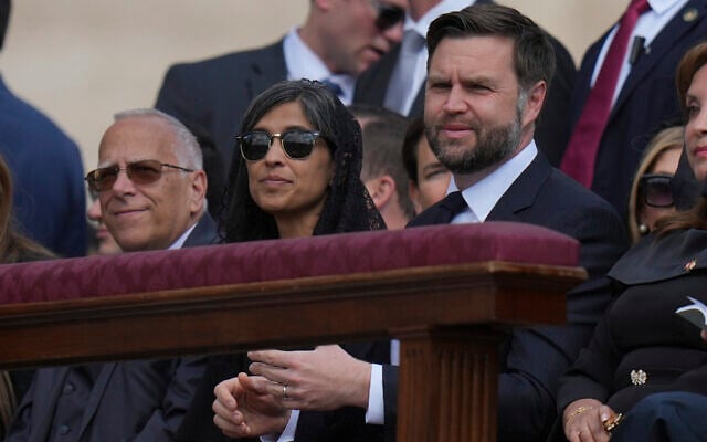 Vice President JD Vance, right, and his wife Usha attend Pope Leo XIV's formal inauguration of his pontificate in St. Peter's Square, at the Vatican, May 18, 2025. (Alessandra Tarantino/AP)