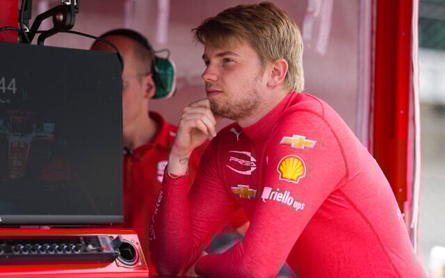 Robert Shwartzman, of Israel, waits in the pit area before the start practice for the Indianapolis 500 auto race at the Indianapolis Motor Speedway in Indianapolis, May 19, 2025. (AP Photo/ Michael Conroy)