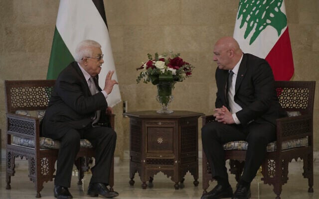Lebanese President Joseph Aoun, right, meets with Palestinian Authority President Mahmoud Abbas, at the Presidential Palace, in Baabda, east of Beirut, Lebanon, May 21, 2025. (AP Photo/Hassan Ammar)