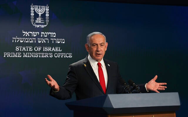 Prime Minister Benjamin Netanyahu speaks during a press conference in Jerusalem, May 21, 2025. (Ronen Zvulun/Pool Photo via AP)
