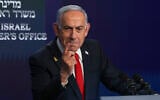 Prime Minister Benjamin Netanyahu speaks during a press conference in Jerusalem, May 21, 2025. (Ronen Zvulun/Pool Photo via AP)
