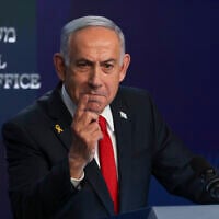 Prime Minister Benjamin Netanyahu speaks during a press conference in Jerusalem, May 21, 2025. (Ronen Zvulun/Pool Photo via AP)
