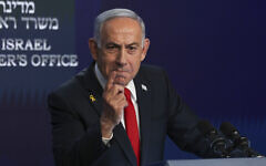 Prime Minister Benjamin Netanyahu speaks during a press conference in Jerusalem, May 21, 2025. (Ronen Zvulun/Pool Photo via AP)