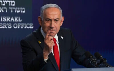 Prime Minister Benjamin Netanyahu speaks during a press conference in Jerusalem, May 21, 2025. (Ronen Zvulun/Pool Photo via AP)