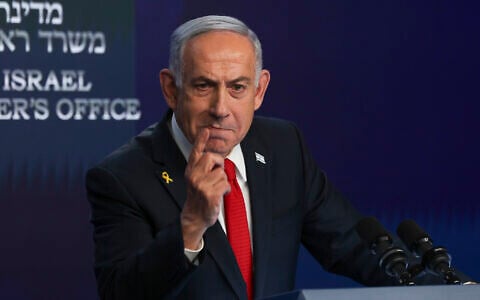 Prime Minister Benjamin Netanyahu speaks during a press conference in Jerusalem, May 21, 2025. (Ronen Zvulun/Pool Photo via AP)