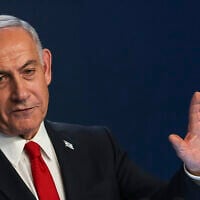 Prime Minister Benjamin Netanyahu speaks during a press conference in Jerusalem, May 21, 2025. (Ronen Zvulun/Pool Photo via AP)