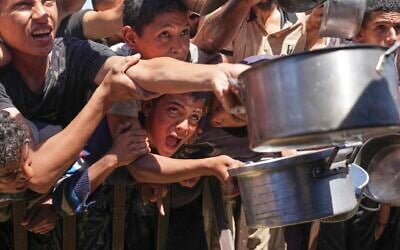 Palestinians struggle to receive cooked food distributed at a community kitchen in the Muwasi area of Khan Younis, in the Gaza Strip, May 23, 2025. (AP Photo/Abdel Kareem Hana)