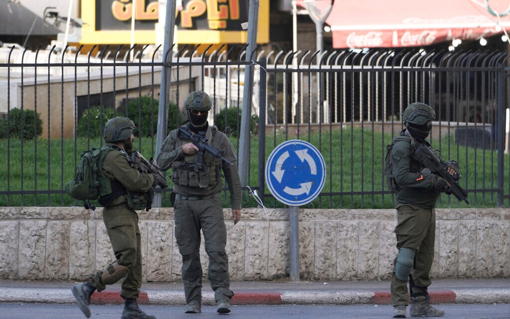 Israeli soldiers deployed during a military raid in the Palestinian West Bank city of Nablus, May 25, 2025. (AP Photo/Majdi Muhammad)