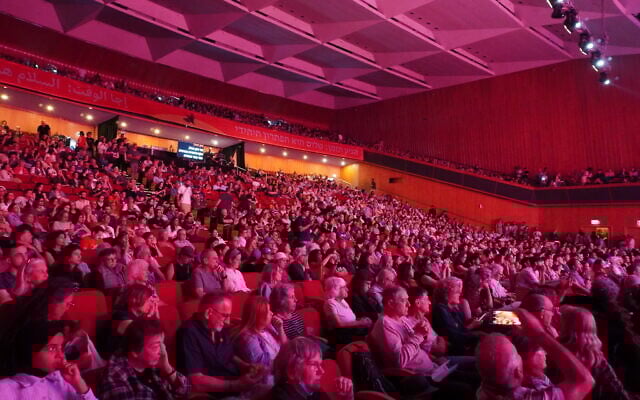 Several thousand people gather at the International Convention Center in Jerusalem for the “It’s Time” peace summit on May 9, 2025. (Charlie Summers/Times of Israel)