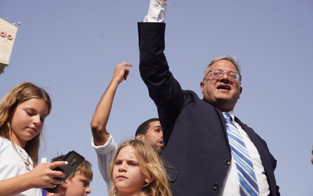 National Security Minister Itamar Ben Gvir addresses a crowd of Jerusalem Day revelers ahead of annual Flag March through the Old City on May 26, 2025. (Charlie Summers/Times of Israel)