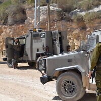 IDF troops operate in Jenin refugee camp in the northern West Bank, May 7, 2025. (Stav Levaton/Times of Israel)