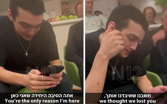 Freed US-Israeli hostage Edan Alexander speaks by phone to US President Donald Trump from Tel Aviv Sourasky Medical Center on May 13, 2025, the day after Alexander's release from Hamas captivity in Gaza. In the screenshot (left), Alexander thanks Trump for securing his release; (right) Trump tells Alexander of fears for his life. US Special Envoy Steve Witkoff, who oversaw the effort to secure his release and who set up the call with Trump, is seated alongside Alexander, whose parents are also close by. (Channel 12 screenshot)