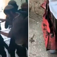 Police brawl with Orthodox Jewish men trying to smuggle a sacrificial goat into the Temple Mount compound (left) and the baby goat concealed in a Rami Levy shopping bag on May 12, 2025. (Screenshot/Twitter)