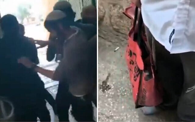 Police brawl with Orthodox Jewish men trying to smuggle a sacrificial goat into the Temple Mount compound (left) and the baby goat concealed in a Rami Levy shopping bag on May 12, 2025. (Screenshot/Twitter)