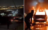 Footage shows a reported settler attack on the West Bank village of Bruqin; a car is seen engulfed in flames, May 23, 2025. (Screenshot: X, used in accordance with Clause 27a of the Copyright Law)