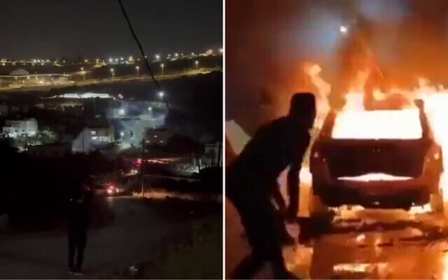 Footage shows a reported settler attack on the West Bank village of Bruqin; a car is seen engulfed in flames, May 23, 2025. (Screenshot: X, used in accordance with Clause 27a of the Copyright Law)
