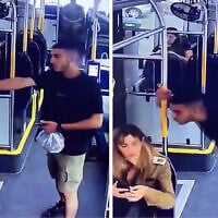 A Palestinian man spits on a female IDF soldier on a bus in Bat Yam, May 18, 2025 (X screenshot, used in accordance with clause 27a of the copyright law)