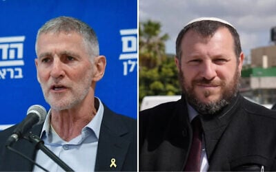 Left to right: The Democrats party chairman Yair Golan holds a press conference in Tel Aviv, May 20, 2025. (Avshalom Sassoni/Flash90); Heritage Minister Amichai Eliyahu at the archaeological site of Sebastia in the West Bank on May 12, 2025. (Courtesy of Heritage Ministry)