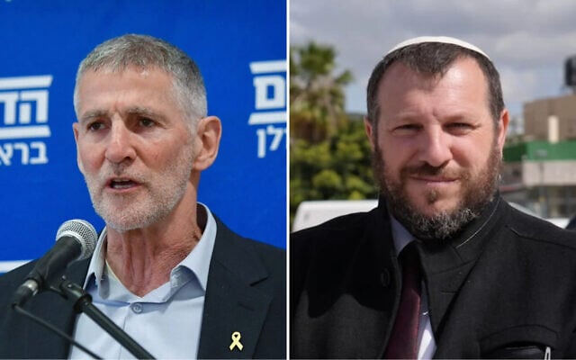 Left to right: The Democrats party chairman Yair Golan holds a press conference in Tel Aviv, May 20, 2025. (Avshalom Sassoni/Flash90); Heritage Minister Amichai Eliyahu at the archaeological site of Sebastia in the West Bank on May 12, 2025. (Courtesy of Heritage Ministry)