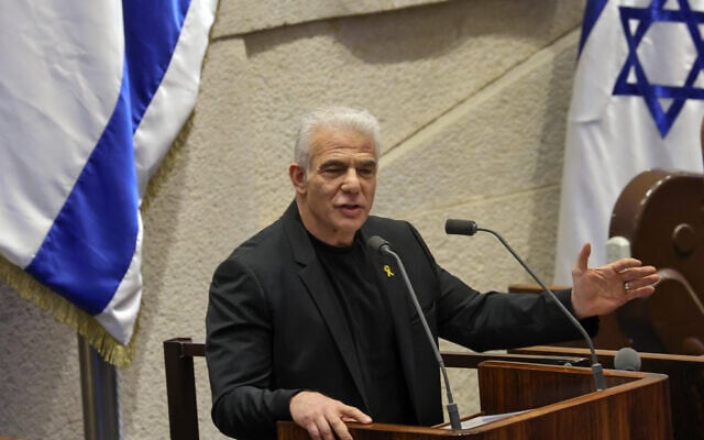 Opposition Leader Yair Lapid addresses the Knesset plenum, May 26, 2025. (Danny Shem-Tov/Knesset Spokesperson's Office) Opposition Leader Yair Lapid addresses the Knesset plenum, May 26, 2025. (Danny Shem-Tov/Knesset Spokesperson's Office)