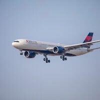A Delta flight takes off at Ben Gurion International Airport, outside of Tel Aviv, October 25, 2021. (Yossi Aloni/FLASH90)