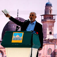 Illustrative image of now-dead Hamas head Yahya Sinwar at a rally to mark the annual al-Quds Day (Jerusalem Day), in Gaza City, April 15, 2023. (Atia Mohammed/Flash90)