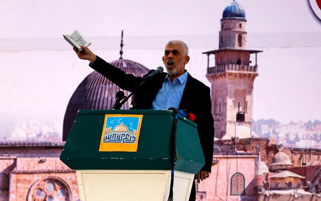 Illustrative image of now-dead Hamas head Yahya Sinwar at a rally to mark the annual al-Quds Day (Jerusalem Day), in Gaza City, April 15, 2023. (Atia Mohammed/Flash90) Illustrative image of now-dead Hamas head Yahya Sinwar at a rally to mark the annual al-Quds Day (Jerusalem Day), in Gaza City, April 15, 2023. (Atia Mohammed/Flash90)