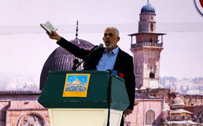 Slain Hamas leader Yahya Sinwar speaks at a rally in Gaza City, in the Strip's north, on April 15, 2023. (Atia Mohammed/Flash90) Slain Hamas leader Yahya Sinwar speaks at a rally in Gaza City, in the Strip's north, on April 15, 2023. (Atia Mohammed/Flash90)