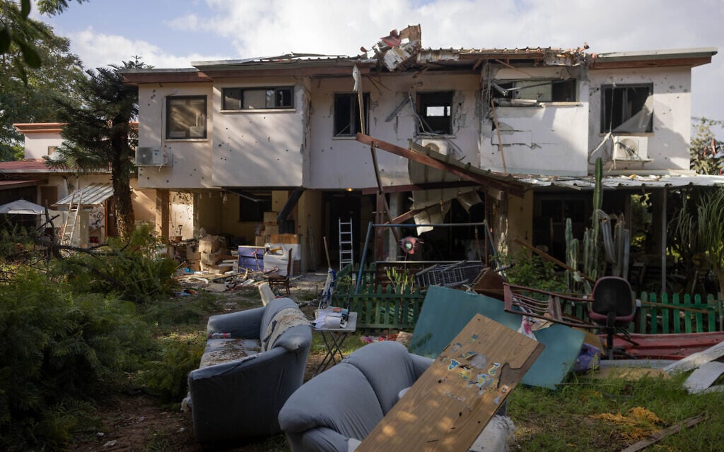 Destruction in Kibbutz Kissufim in Hamas's October 7 onslaught, on November 20, 2023. (Chaim Goldberg/Flash90)