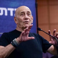 Ehud Olmert testifies during a hearing of the civil investigative committee on the October 7 massacre, in Tel Aviv, August 8, 2024. (Tomer Neuberg/Flash90)