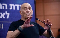 Ehud Olmert testifies during a hearing of the civil investigative committee on the October 7 massacre, in Tel Aviv, August 8, 2024. (Tomer Neuberg/Flash90)