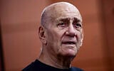 Former prime minister Ehud Olmert testifies during a hearing of the civil investigative committee on the October 7 massacre, in Tel Aviv, August 8, 2024. (Tomer Neuberg/Flash90)