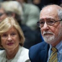 Former president of the Supreme Court Asher Grunis attends the swearing in ceremony of Justice Isaac Amit as president of the Supreme Court, at the president's residence in Jerusalem, February 13, 2025. (Yonatan Sindel/Flash90)