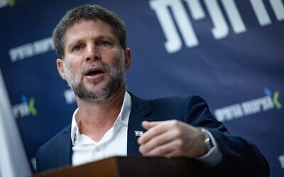 Finance Minister and Religious Zionism head Bezalel Smotrich leads a faction meeting at the Knesset in Jerusalem, May 5, 2025. (Yonatan Sindel/Flash90)