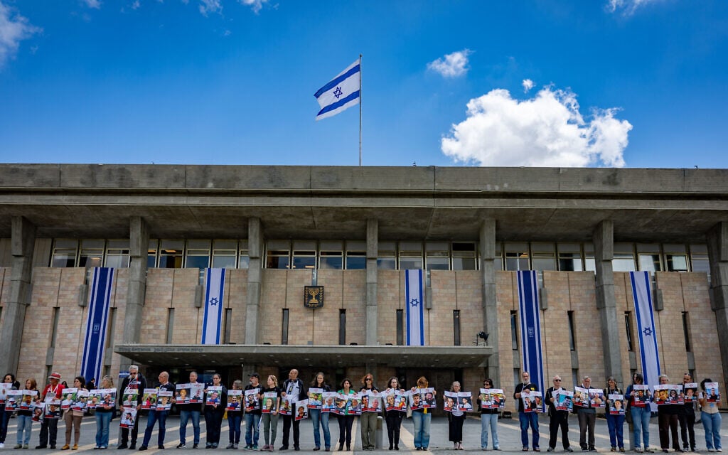 Families of Israelis held hostage in the Gaza Strip and activists protest at the Knesset in Jerusalem, May 5, 2025 (Yonatan Sindel/Flash90)