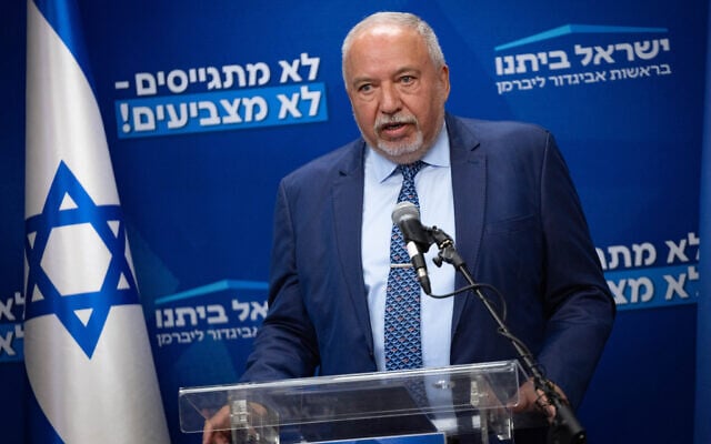 Yisrael Beytenu chair Avigdor Liberman leads a faction meeting at the Knesset in Jerusalem, on May 5, 2025 (Yonatan Sindel/Flash90) Yisrael Beytenu chair Avigdor Liberman leads a faction meeting at the Knesset in Jerusalem, on May 5, 2025 (Yonatan Sindel/Flash90)