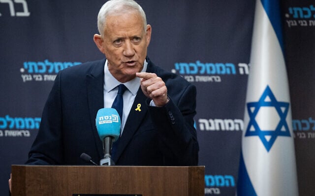 National Unity party leader Benny Gantz leads a faction meeting at the Knesset, in Jerusalem, on May 5, 2025. (Yonatan Sindel/Flash90)