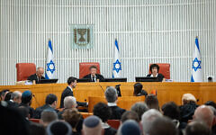 FILE: A High Court of Justice hearing on petitions against the firing of Shin Bet chief Ronen Bar, April 8, 2025. (Yonatan Sindel/Flash90)