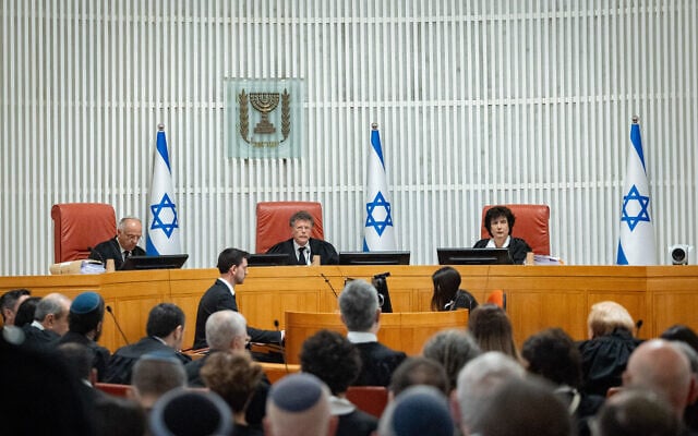 FILE: A High Court of Justice hearing on petitions against the firing of Shin Bet chief Ronen Bar, April 8, 2025. (Yonatan Sindel/Flash90)