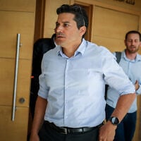 Diaspora Affairs Minister Amichai Chikli seen after a court hearing in Lod of the Shin Bet official arrested in suspicion of leaking classified information, April 15, 2025. (Jonathan Shaul/Flash90)