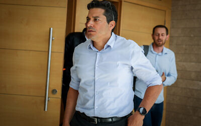 Diaspora Affairs Minister Amichai Chikli seen after a court hearing in Lod of the Shin Bet official arrested in suspicion of leaking classified information, April 15, 2025. (Jonathan Shaul/Flash90)